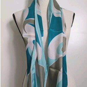 Vintage Georgiou Silk Scarf Blue trim Pink Aqua Brown Abstract